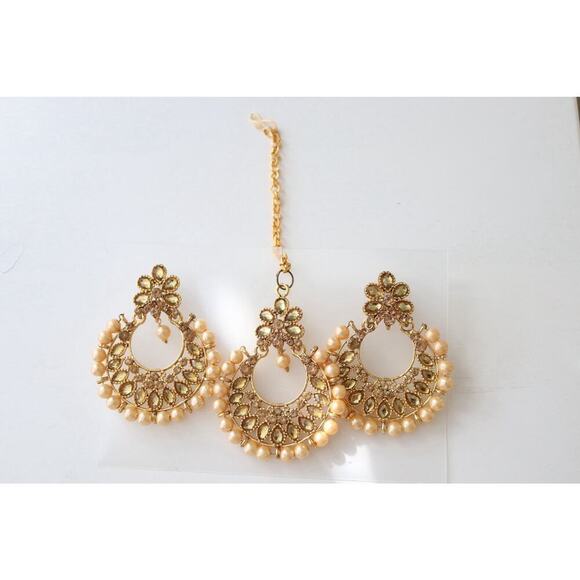 Unbranded Jewelry - Earrings & Maang Tikka Set with Gold Beads – Traditional Indian Jewelry